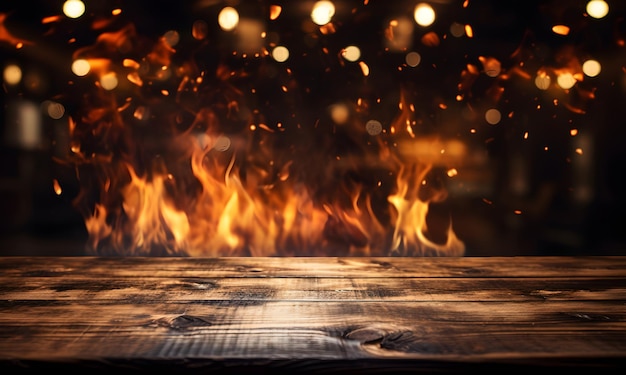 Photo wooden table with fiery background