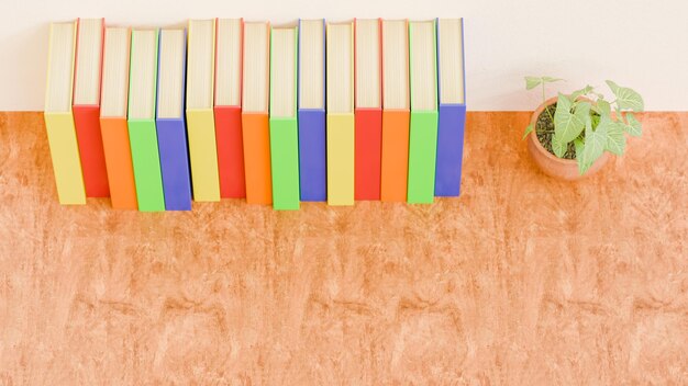 Wooden table with fifteen books of various colors next to a pot with a small plant office theme