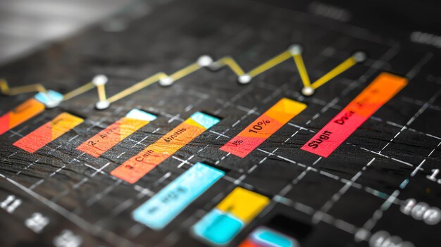 Photo a wooden table with a financial graph on it the graph shows the stock prices of different companies over time