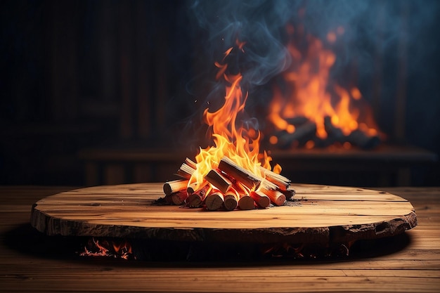 wooden table with Fire burning at the edge of the table