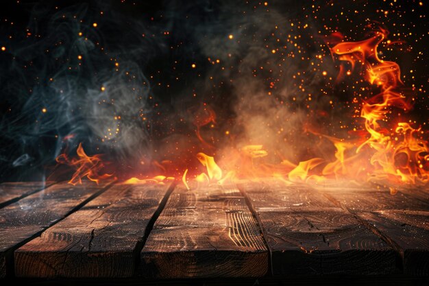 Wooden table with fire and smoke for product display