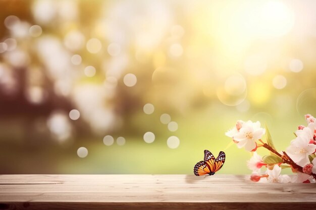 A wooden table with a flower and a butterfly on it