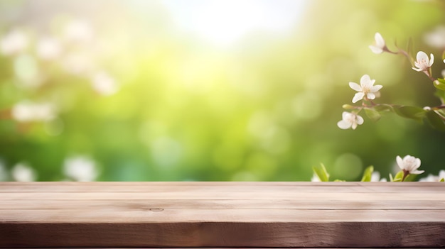 A wooden table with a flower on it