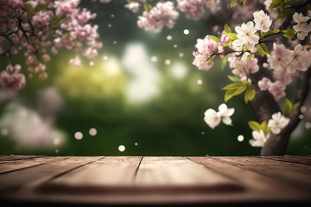 A wooden table with flowers in the background