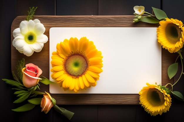 A wooden table with flowers and a blank card