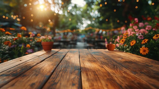 Photo a wooden table with flowers on it and a tree in the background