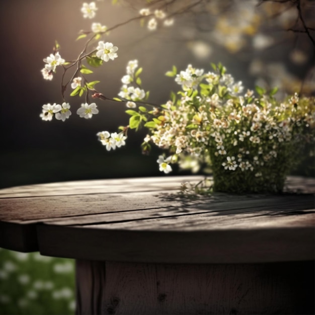 A wooden table with flowers on it and a tree in the background.