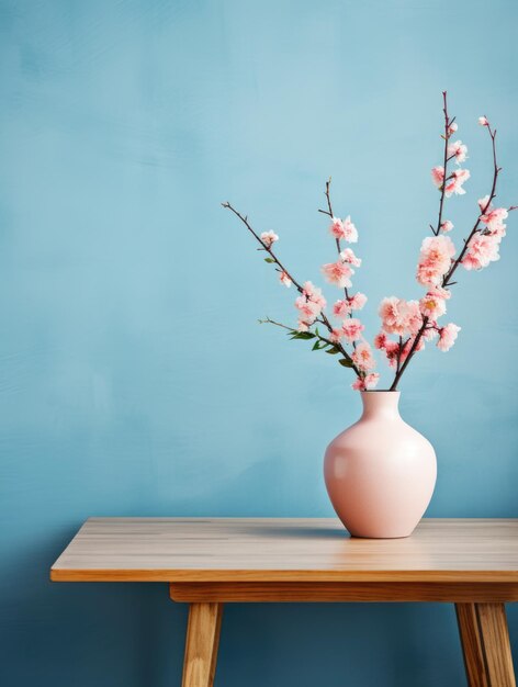 青とピンクの壁の背景の上に花瓶に花を飾った木製のテーブル インテリアデザイン