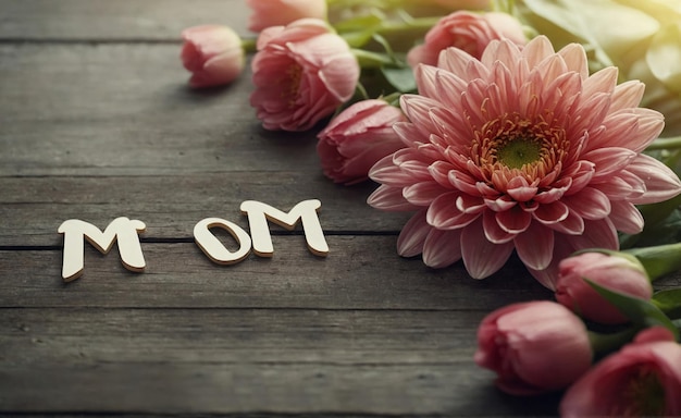 a wooden table with flowers and the word mom on it