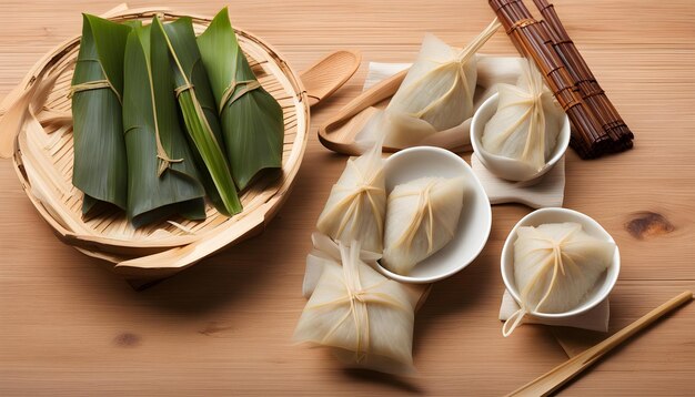 Photo a wooden table with food and a bowl of rice on it