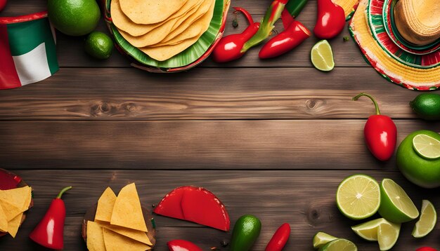 a wooden table with food and fruits on it