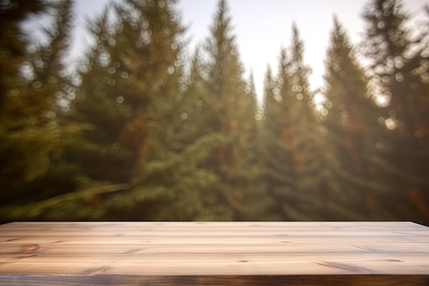 Wooden table with forest background for product display advertising Generatice ai