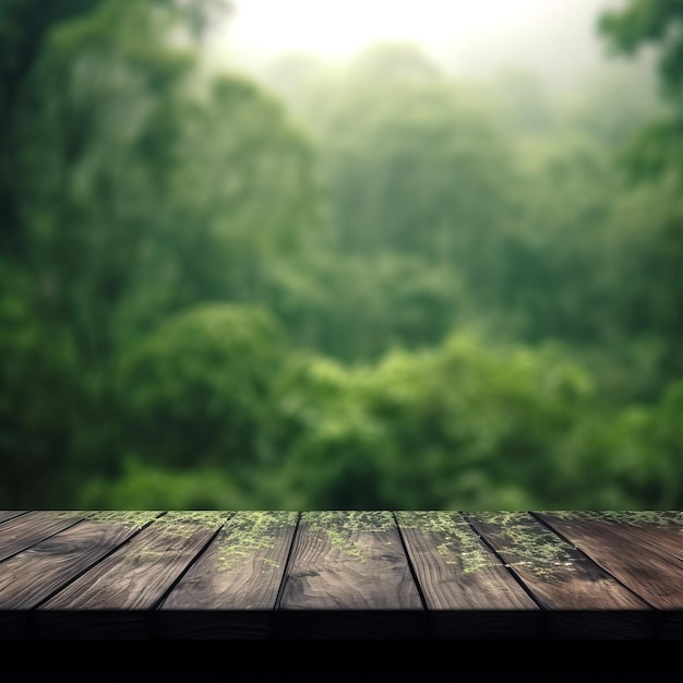A wooden table with a forest in the background