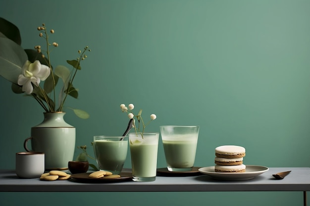 A wooden table with four glasses of green matcha latte liquid a variety of cookies and colorful