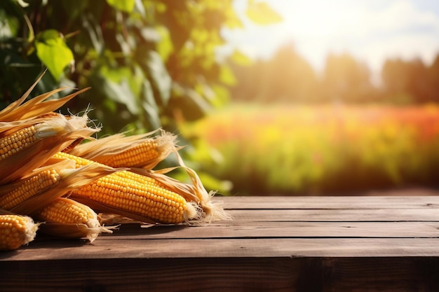 Wooden table with fresh corn cobs and ample space Generative Ai