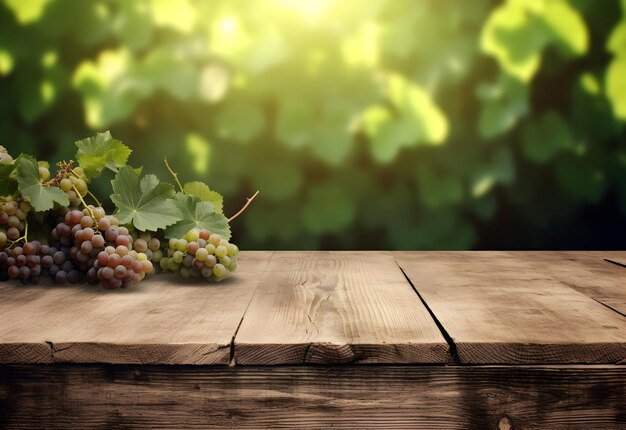 Wooden table with fresh red grapes and free space on nature blurred background vineyard field Generated AI