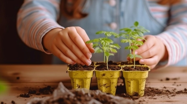 Generative AI가 설치된 나무 탁자에서 엄마와 딸이 함께 씨앗을 심고 있습니다.