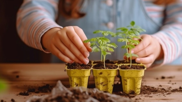 At a wooden table with Generative AI a mother and daughter are seen potting seeds together