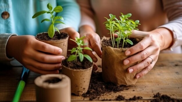 At a wooden table with Generative AI a mother and daughter are seen potting seeds together