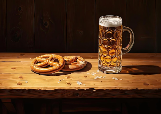 a wooden table with a glass of beer and pretzel in front in the style of graphical