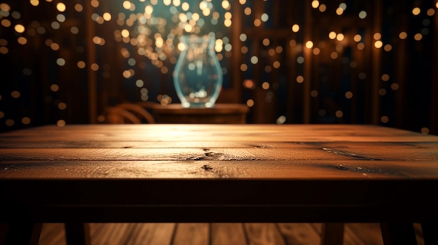 A wooden table with a glass on it and lights in the background.