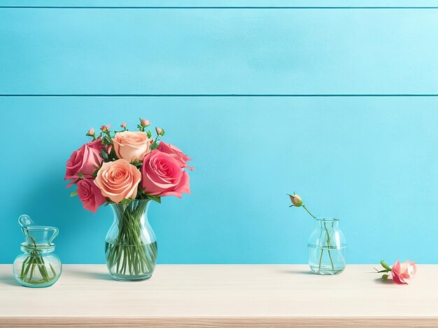 Деревянный стол со стеклянной вазой с букетом роз цветы возле пустой пустой бирюзовой стены