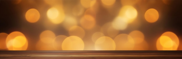 Wooden table with golden bokeh lights background