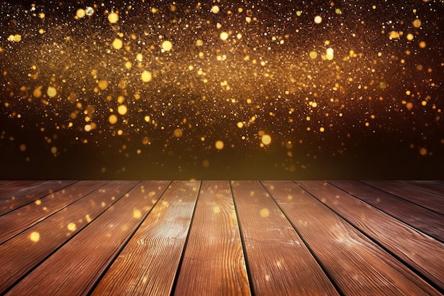 A wooden table with a golden light on it