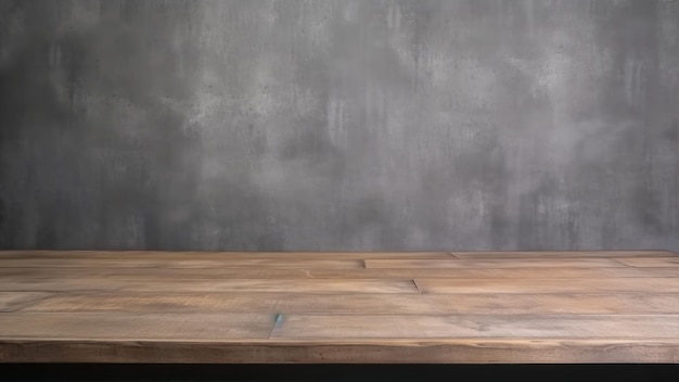 A wooden table with a gray wall behind it