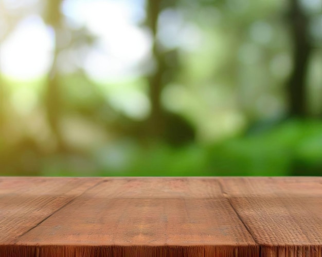 A wooden table with a green background and a blurry background.