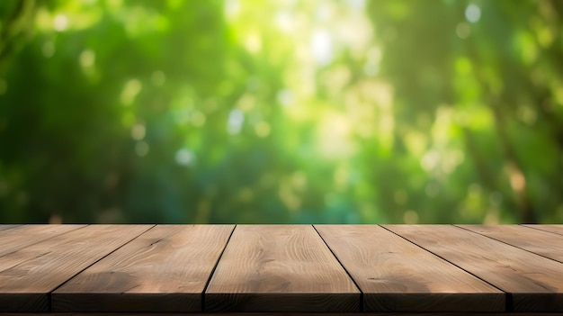 A wooden table with a green background and a blurry background