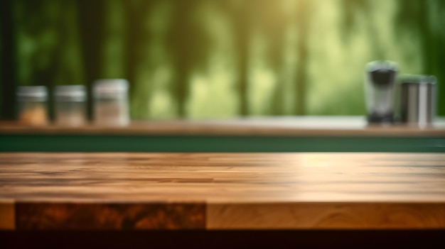 A wooden table with a green background and a bottle of water on it.