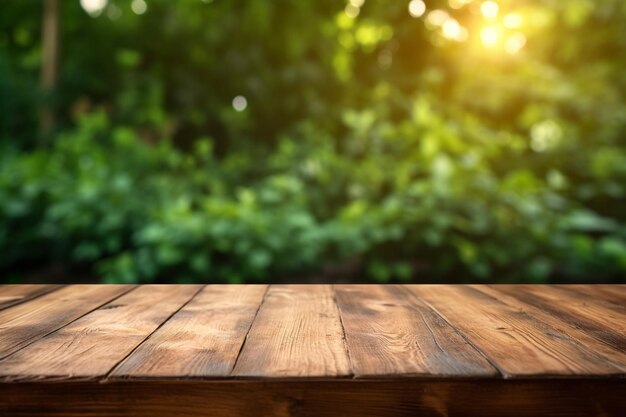 A wooden table with a green background and the sun shining on it