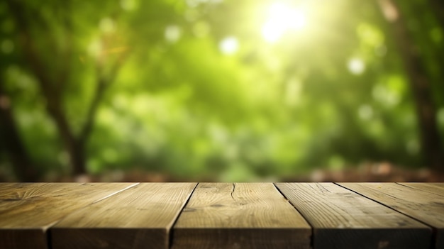 A wooden table with a green background and the sun shining through the trees