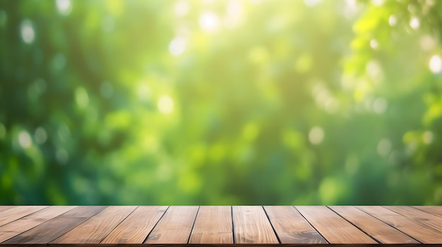 A wooden table with a green background and a wooden floor in front of it.