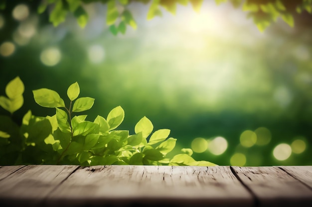 A wooden table with green leaves and a green background