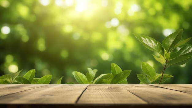 A wooden table with green leaves on it