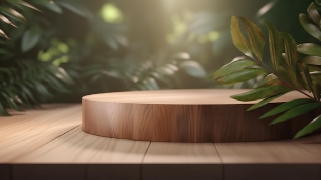 Wooden table with a green plant in the background