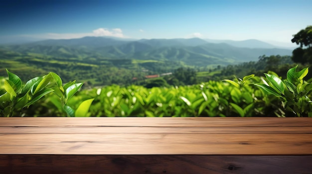 A wooden table with a green tea field mountains beautiful blue sky as the background