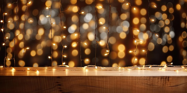 Wooden table with indoor string lights ideal for christmas display