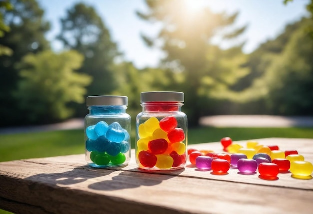 a wooden table with a jar of candy on it and a small jar of candy in the middle