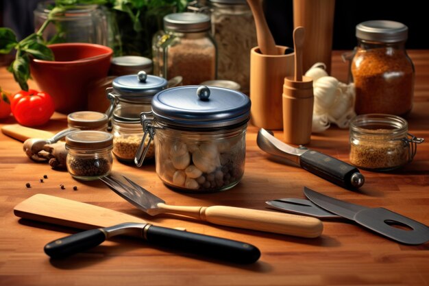 A wooden table with a jar of food and a knife on it.