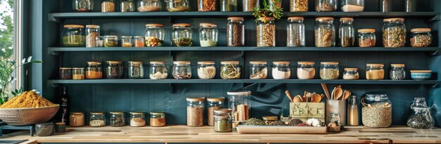 Photo wooden table with jars filled with food