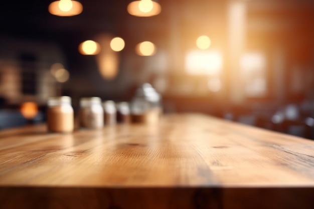 A wooden table with jars on it and a light in the background.