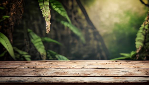 Wooden table with jungle in the background Empty wooden table for product display