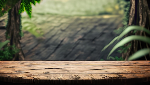 Wooden table with jungle in the background Empty wooden table for product display