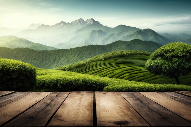 A wooden table with a landscape and a green landscape.