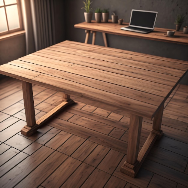 A wooden table with a laptop on it and a laptop on the table.