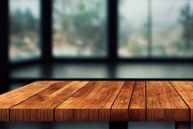 Photo a wooden table with a large window behind it