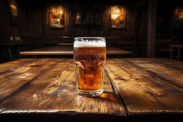 Wooden Table with Light Beer in Glass